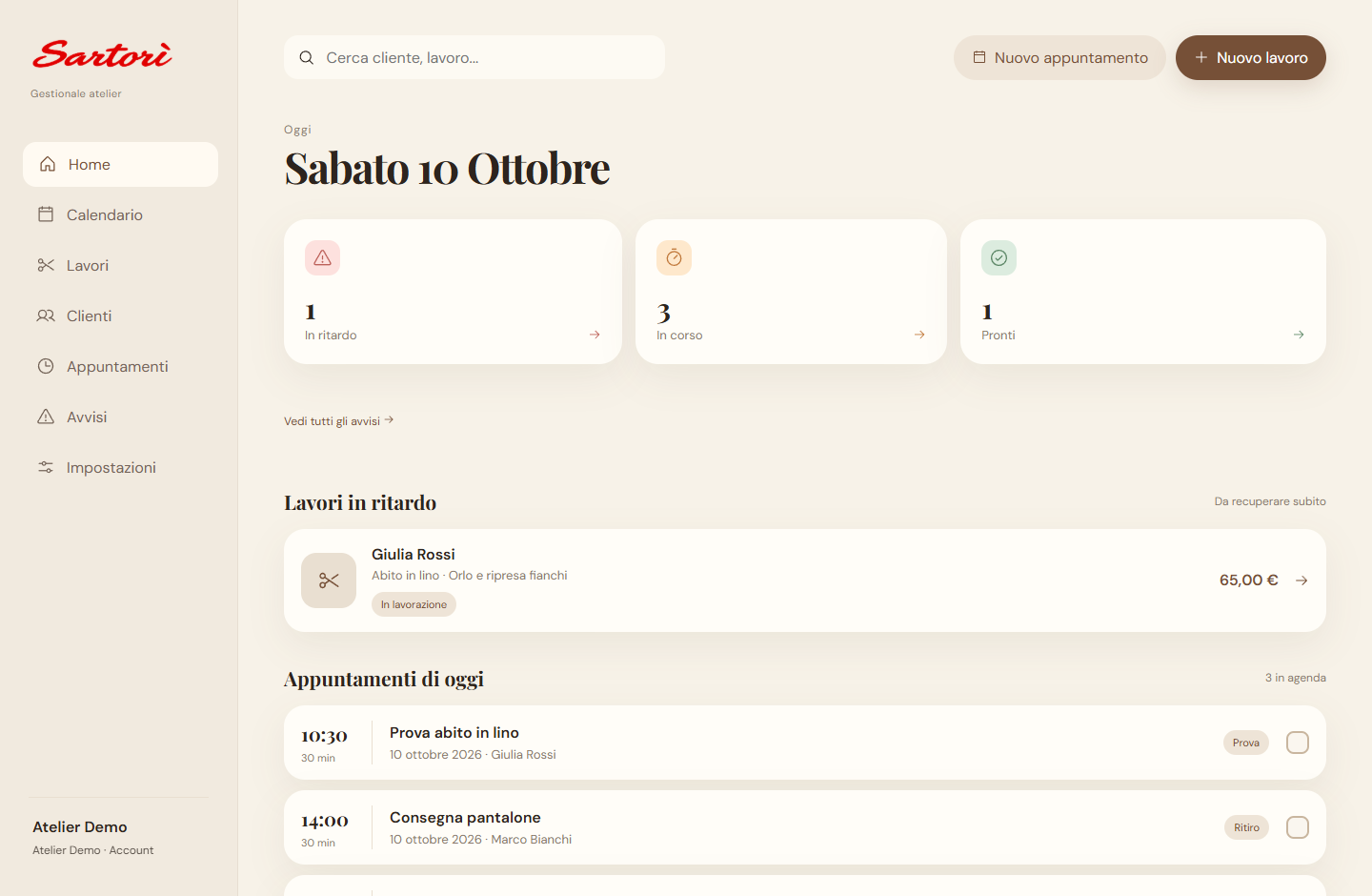 Dashboard del gestionale con riepilogo lavori e appuntamenti